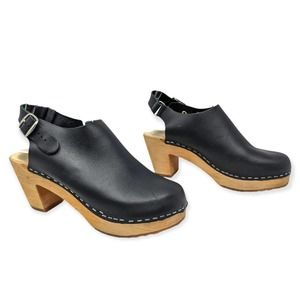 Skola Clogs Kelsey Platform Heels Shoes Leather Wood Black Women's Size EU 37